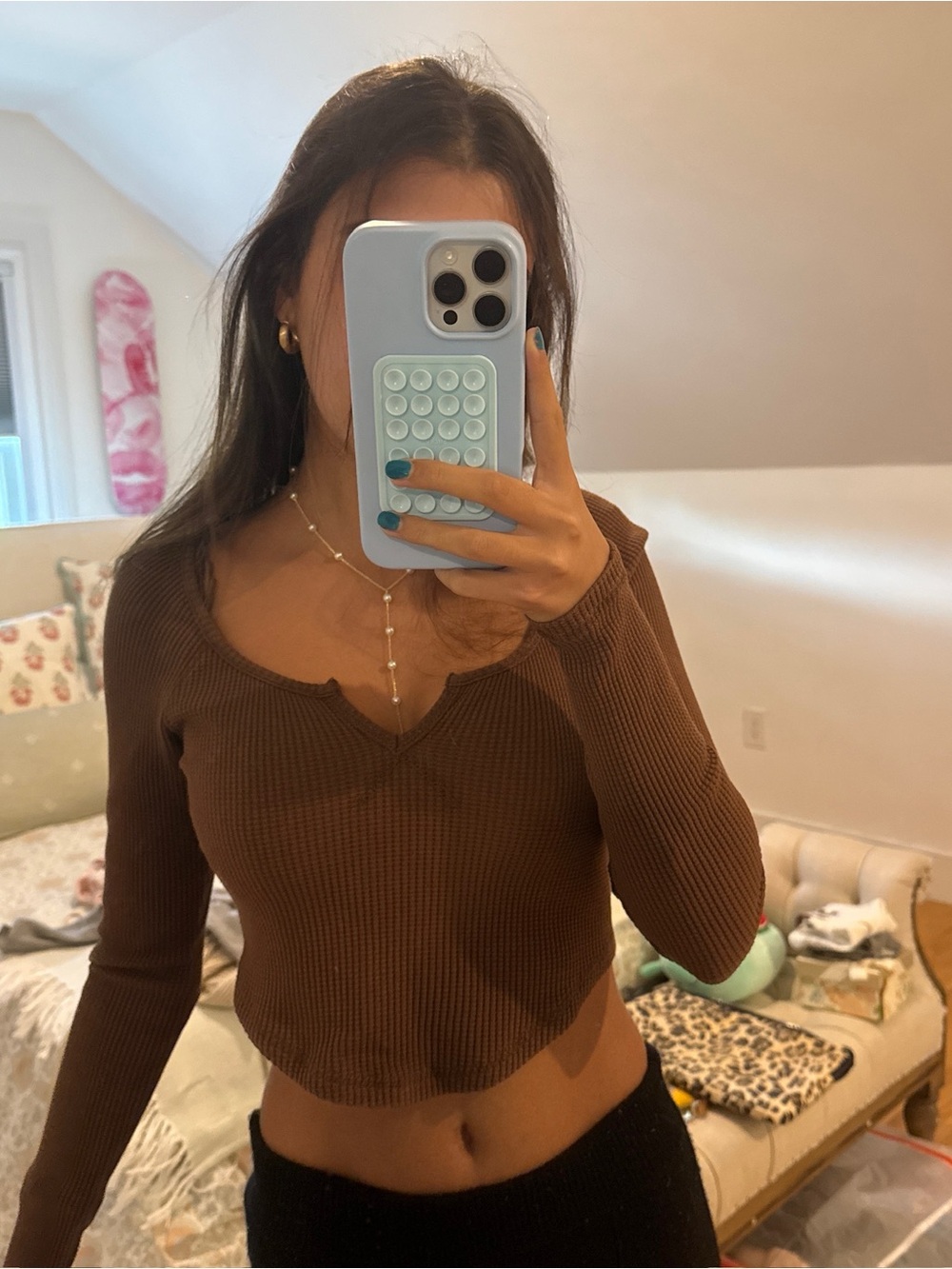 Urban Outfitters Brown Ribbed V-Neck Long Sleeve Crop Top